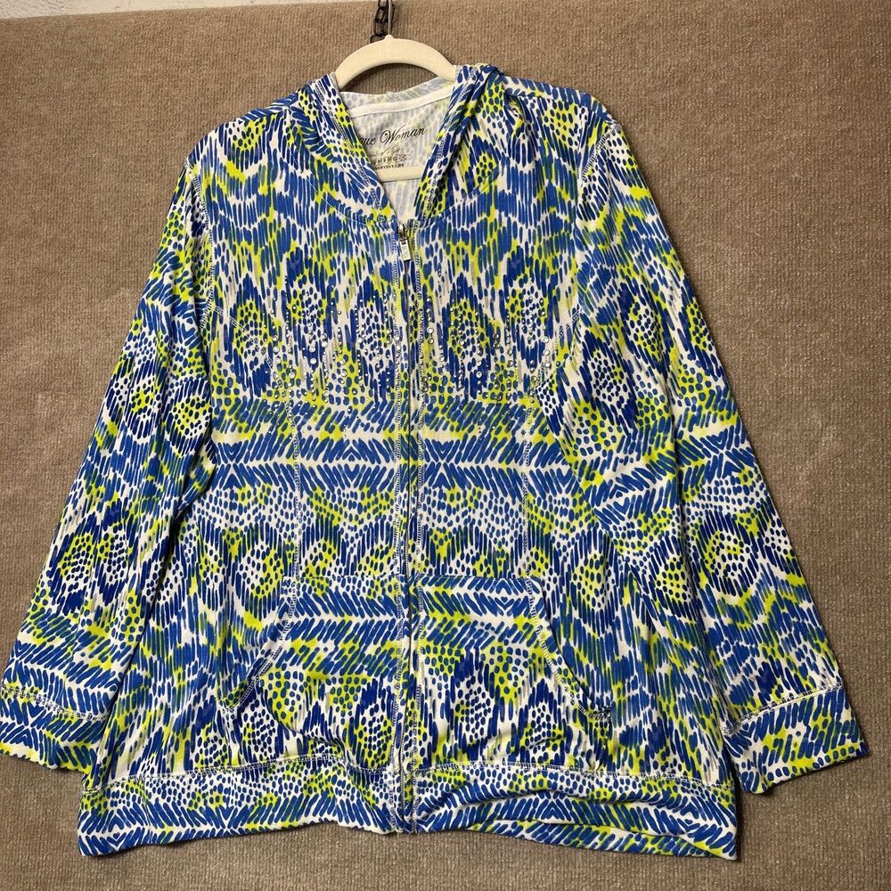 Onque Woman Hoodie Womens 2X Blue Lime Abstract Rhinestone Cozy Casual Zip